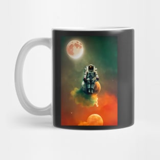 Astronaut sitting on a moon with red clouds in space with moons in the background Mug